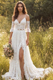 Ivory A-Line Spaghetti Straps Long Lace Wedding Dress with Slit