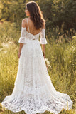 Ivory A-Line Spaghetti Straps Long Lace Wedding Dress with Slit