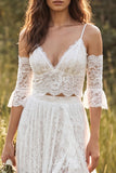 Ivory A-Line Spaghetti Straps Long Lace Wedding Dress with Slit
