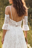 Ivory A-Line Spaghetti Straps Long Lace Wedding Dress with Slit