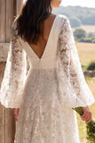 A-Line Ivory Floral V-Neck Long Wedding Dress with Long Sleeves