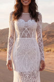 Ivory Mermaid Lace Long Wedding Dress with Long Sleeves
