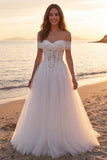 Ivory A-Line Off the Shoulder Corset Long Tulle Wedding Dress
