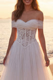 Ivory A-Line Off the Shoulder Corset Long Tulle Wedding Dress
