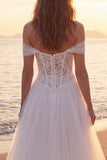 Ivory A-Line Off the Shoulder Corset Long Tulle Wedding Dress