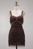 Brown Bodycon Sequins Fringed Short Cocktail Dress with Pearls