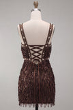 Brown Bodycon Sequins Fringed Short Cocktail Dress with Pearls