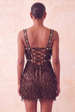 Brown Bodycon Sequins Fringed Short Cocktail Dress with Pearls