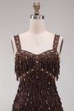 Brown Bodycon Sequins Fringed Short Cocktail Dress with Pearls