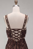 Brown Bodycon Sequins Fringed Short Cocktail Dress with Pearls
