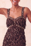 Brown Bodycon Sequins Fringed Short Cocktail Dress with Pearls