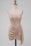 Sparkly Champagne Strapless Bodycon Sequins Corset Short Cocktail Dress with Sash