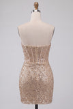 Sparkly Champagne Strapless Bodycon Sequins Corset Short Cocktail Dress with Sash