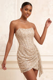 Sparkly Champagne Strapless Bodycon Sequins Corset Short Cocktail Dress with Sash