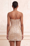 Sparkly Champagne Strapless Bodycon Sequins Corset Short Cocktail Dress with Sash