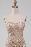 Sparkly Champagne Strapless Bodycon Sequins Corset Short Cocktail Dress with Sash