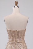 Sparkly Champagne Strapless Bodycon Sequins Corset Short Cocktail Dress with Sash