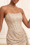 Sparkly Champagne Strapless Bodycon Sequins Corset Short Cocktail Dress with Sash
