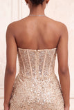 Sparkly Champagne Strapless Bodycon Sequins Corset Short Cocktail Dress with Sash