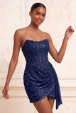 Sparkly Champagne Strapless Bodycon Sequins Corset Short Cocktail Dress with Sash
