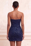 Sparkly Champagne Strapless Bodycon Sequins Corset Short Cocktail Dress with Sash
