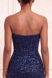 Sparkly Champagne Strapless Bodycon Sequins Corset Short Cocktail Dress with Sash