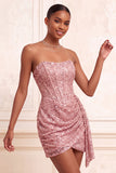 Sparkly Champagne Strapless Bodycon Sequins Corset Short Cocktail Dress with Sash