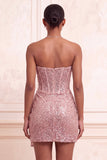 Sparkly Champagne Strapless Bodycon Sequins Corset Short Cocktail Dress with Sash