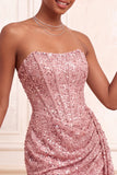 Sparkly Champagne Strapless Bodycon Sequins Corset Short Cocktail Dress with Sash