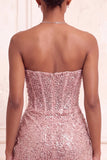 Sparkly Champagne Strapless Bodycon Sequins Corset Short Cocktail Dress with Sash