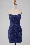 Sparkly Strapless Navy Bodycon Short Sequin Cocktail Dress
