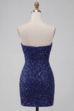 Sparkly Strapless Navy Bodycon Short Sequin Cocktail Dress