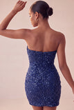 Sparkly Strapless Navy Bodycon Short Sequin Cocktail Dress