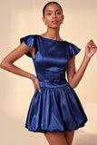 Sky Blue A-Line Satin Bateau Neck Short Cocktail Dress with Cap Sleeves