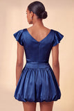 Sky Blue A-Line Satin Bateau Neck Short Cocktail Dress with Cap Sleeves