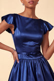 Sky Blue A-Line Satin Bateau Neck Short Cocktail Dress with Cap Sleeves