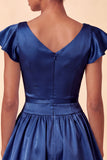 Sky Blue A-Line Satin Bateau Neck Short Cocktail Dress with Cap Sleeves