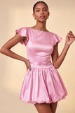 Sky Blue A-Line Satin Bateau Neck Short Cocktail Dress with Cap Sleeves
