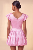 Sky Blue A-Line Satin Bateau Neck Short Cocktail Dress with Cap Sleeves