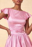 Sky Blue A-Line Satin Bateau Neck Short Cocktail Dress with Cap Sleeves