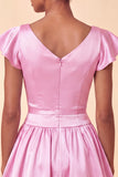 Sky Blue A-Line Satin Bateau Neck Short Cocktail Dress with Cap Sleeves