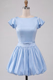 Sky Blue A-Line Satin Bateau Neck Short Cocktail Dress with Cap Sleeves