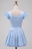 Sky Blue A-Line Satin Bateau Neck Short Cocktail Dress with Cap Sleeves