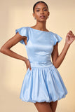 Sky Blue A-Line Satin Bateau Neck Short Cocktail Dress with Cap Sleeves