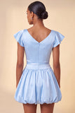 Sky Blue A-Line Satin Bateau Neck Short Cocktail Dress with Cap Sleeves