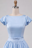 Sky Blue A-Line Satin Bateau Neck Short Cocktail Dress with Cap Sleeves