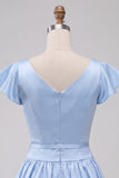Sky Blue A-Line Satin Bateau Neck Short Cocktail Dress with Cap Sleeves