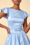 Sky Blue A-Line Satin Bateau Neck Short Cocktail Dress with Cap Sleeves
