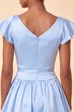 Sky Blue A-Line Satin Bateau Neck Short Cocktail Dress with Cap Sleeves