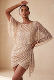 Sparkly Pink Bodycon Round Neck Sequins Ruched Short Cocktail Dress with Sash
